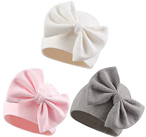 XIAOHAWANG Babymütze für Neugeborene & 6-monatige Kinder - Baumwolle Newborn Mütze mit Schleife für Mädchen & Jungen - Dicke Mütze für Herbst & Winter (6-12 Mois, Weiß+Rosa+Grau)