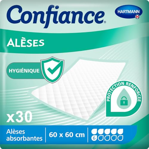 Confiance Alèse - Alèses pour la Protection de la Literie ou du Fauteuil - Niveau d'Absorption = 6 Gouttes - Dimensions = 60 x 60 cm - 30 unités