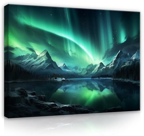 WallArena - Leinwand Bilder - Polarlicht Landschaft Berge Nordlicht blau türkis - 40x30 cm Leinwandbilder - Bild auf leinwand - Wandbild XXL groß Wandbilder für Wohnzimmer Schlafzimmer Modern
