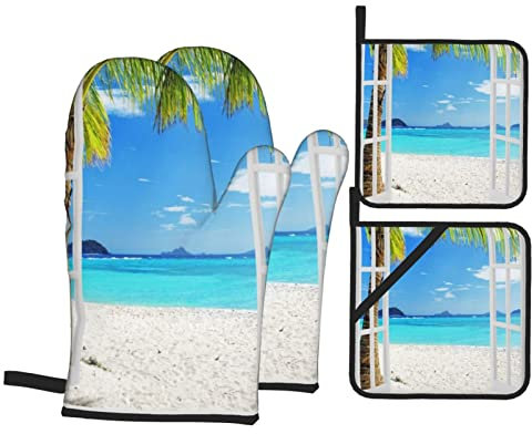 Ofenhandschuhe Topflappen Set Grüner Baum Am Weißen Sandstrand, Blaues Meer, Sonniger Himmel Vom Fenster Aus Grillhandschuhe Hitzebeständige Doppelschicht Topfhandschuhe, Für Backen, Küche