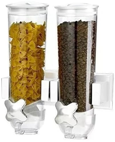 BAKAJI Dispenser Cereali Doppio a Parete, Distributore a Due Montaggio a Muro, Erogatore per Alimenti Secchi, Caramelle, Corn Flakes, Noci, Coperchio Rimovibile con Chiusura Ermetica (Bianco)