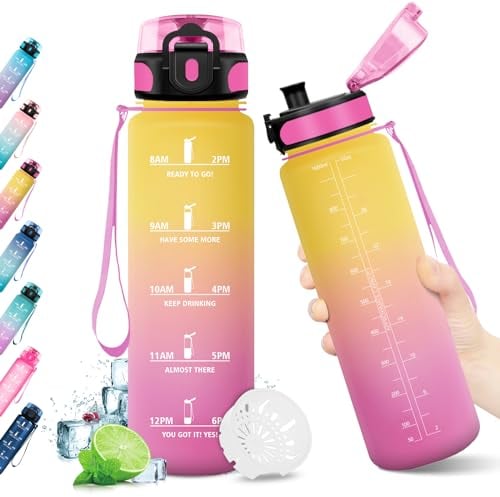 KollyKolla Trinkflasche 1L Kohlensäure Geeignet, Sport Trinkflasche mit Zeitmarkierungen, BPA-Frei, Sportflasche Auslaufsicher, Wasserflasche für Kinder, Erwachsener, Schule, Gym, Büro, Fahrrad