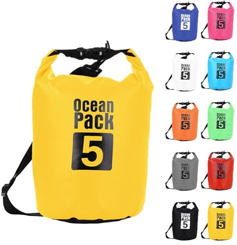5L Gelb Wasserdichte Tasche, Dry Bag 2L/5L/10L/15L/20L/30L mit Verstellbarem Gurt, Schützt Telefon/Karte, Roll Top Wasserdichter Beutel Rucksack für Schwimmen/Rafting/Kajak/Bootfahren/Camping/Strand