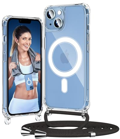HeIssitot Handykette kompatibel mit iPhone 13 Hülle mit Band, [kompatibel mit MagSafe] Durchsichtig Dünn Handyhülle mit Kette,Stoßfeste zum Umhängen Necklace iPhone Hülle (Schwarz, iPhone 13)