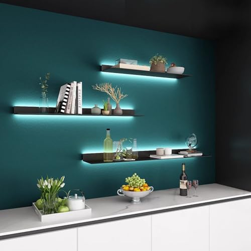 Schwarzes Wandregal aus Metall, schwebendes Ausstellungsregal zur Wandmontage, beleuchtete Bücherregale mit LED-Licht, schwebende Hängeregale aus Metall für Bar, Wohnzimmer,1 pcs,32inch
