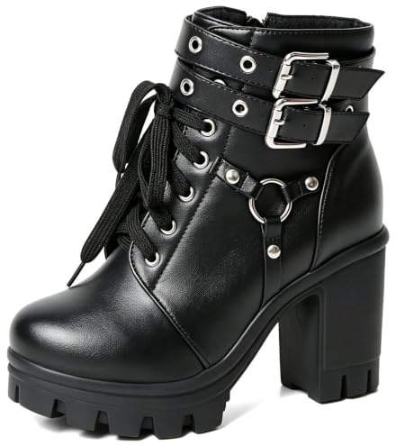 MEOTINA Goth Plateau-Stiefel für Damen, elegant, klobig, Kampfstiefel, Schnalle, Gothic-Stiefel, Reißverschluss, Nieten, Rave-Schuhe, Schwarz
