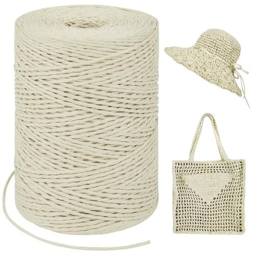 LEREATI Raffia Garn zum Häkeln, Bastband Natur 1.5mm x 300m Papiergarn Geschenkbänder, Bändchengarn zum Häkeln, Papierdraht zum Häkeltaschen, Körbe, Hüte, Geschenkverpackung (Milchig Weiß)