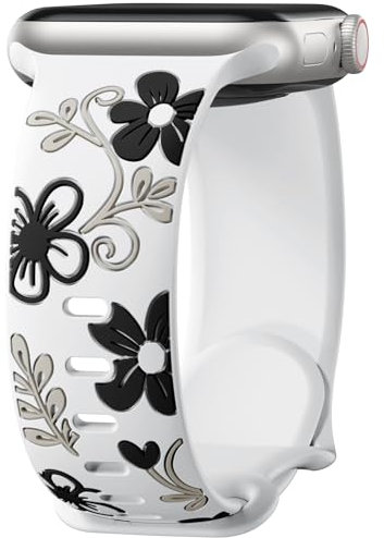 Mastten Correa floral compatible con correas de Apple Watch de 1.496 pulgadas, 1.575 pulgadas, 1.614 pulgadas, 1.654 pulgadas, correa deportiva de silicona con incrustaciones de flores grabadas para