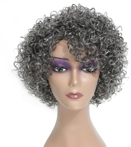 Morichy Graue Perücken für Senioren, kurze lockige Echthaar-Perücken für Damen, Echthaar, gemischt, kinky, lockig, ohne Klebstoff, Ombré-Grau, 20,3 cm, kurze Perücke für ältere Frauen für den