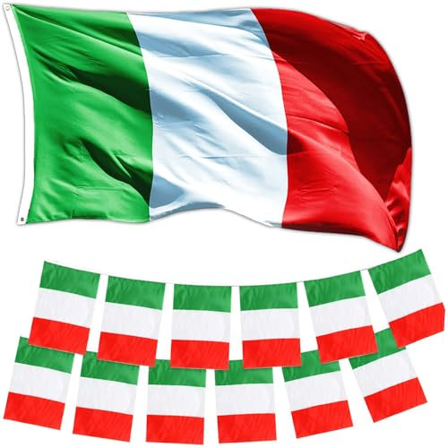 GUSTO Set Bandiera Italia 90 x 150 cm con Occhielli e 2 Ghirlande 20 Bandierine 14 x 21 cm Resistente Tricolore Azzurri Nazionale (Set Italia - Bandiera + 2 Ghirlande)