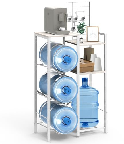 Water Dispenser Stand 5 Gallon Water Jug Holder with Wood Tabletop Shelf, 3 Slots 5 Gal Water Bottle Holder Storage Rack for Home, Office, Garage Organizer Rustic Gray