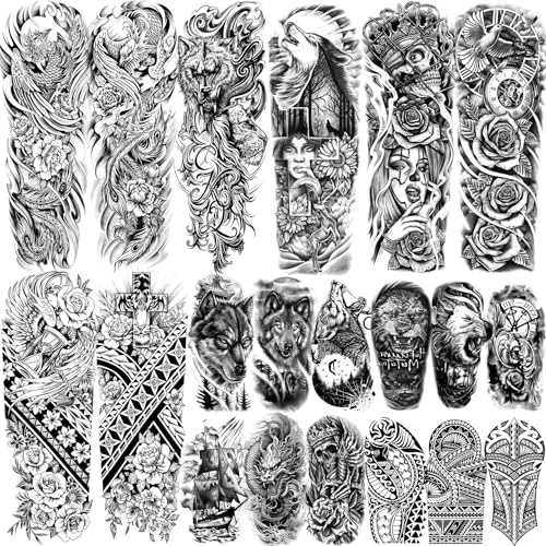 20 Blatt Voll Arm Phönix Temporäre Tattoos Damen Herren Klebetattoos Erwachsene, Wolf Schädel Friedens Rose Blume Fake Tattoo Aufkleben Frauen Männer Ärmel, Schwarz Maori Kreuz Tiger Halloween Tattoo