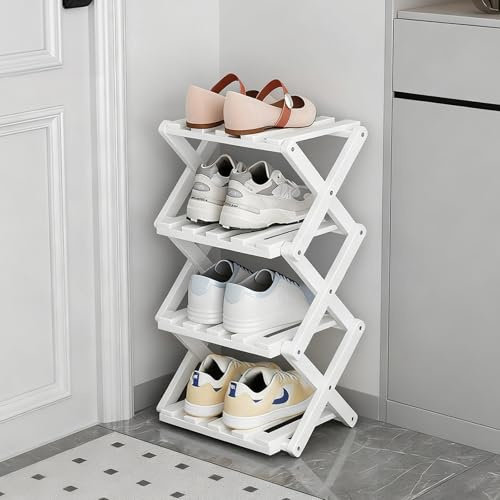 GIRYES Zapatero pequeño Blanco, Organizador de Zapatos Plegable de bambú de 4 Niveles, Estante Independiente para Entrada, Dormitorio, Armario, Sala de Estar, no Requiere instalación (White, 4 Tier)