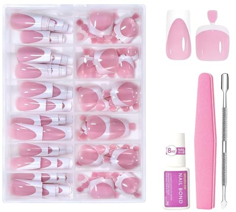 144PCS French False Nails Kit, 72PCS Long French Fake Nails & 72PCS False Toenails, Reusable Full Cover Stick on Nails for Women Girls Nails Art (Pink)