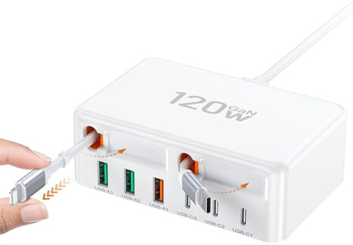 120W USB C Fast Charger with Dual Retractable Cables,8-in-1 Retractable USB Plug UK Charging Station,Travel Essentials Multiport USB Power Hub for iPhone 17 16 15 14,iPad,5ft Cord