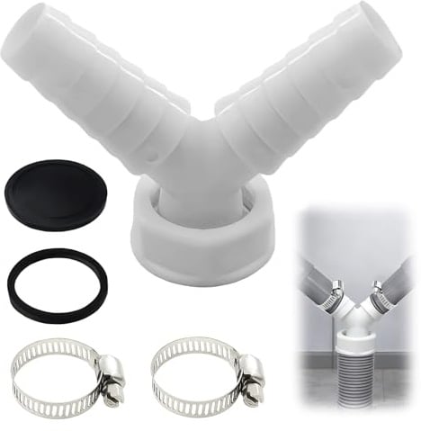 Washing Machine Waste Splitter Y Connector with 2 Hose Clamps, Universal Drain Pipe Adapter for Dishwasher and Washing Machine, 19–24 mm Double Outlet Y Fitting for Waste Hose Connection
