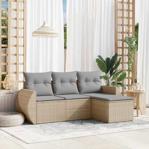 Frdhee Gartenmöbel Eckbank,4-TLG. Garten-Sofagarnitur mit Kissen Beige Poly Rattan für Balkon Terrasse Hinterhöfe