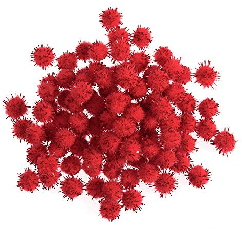 100 Red 7mm Glitter Craft Pom Poms | Fluffy Acrylic Pompoms