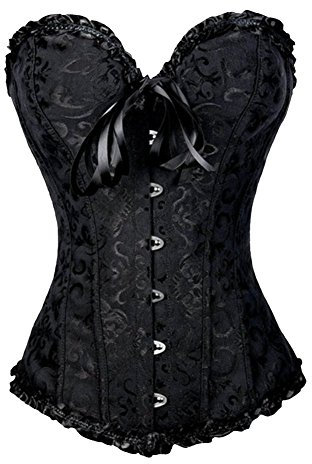 PhilaeEC Women's Plus Size Bridal Lingerie Lace up Satin Boned Corset + G-string (Black, M)