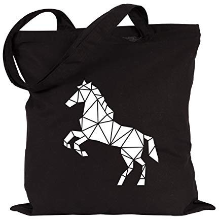 JUNIWORDS Jutebeutel - Wähle ein Motiv & Farbe - Origami Pferd (Beutel: Schwarz, Motiv: Weiß)