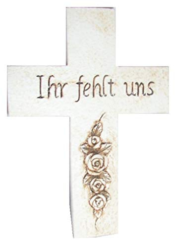 Reinhold Grabschmuck Kreuz Rosenranke und Inschrift Ihr fehlt Uns, Kunststein, wetterfest, Floristen