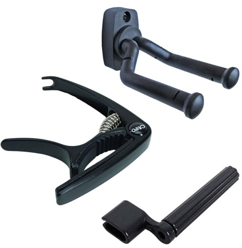 keepdrum Gitarren-Zubehör-Set mit Saitenkurbel Wandhalter Kapodaster Schwarz