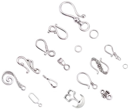 PH PandaHall 50 Sets 10 Styles S Hook Ring Toggle Clasps End Clasp Antique Silver Tibetan Jewelry Clasps Single Face Pattern Clap for Bracelet Necklace Jewelry Making