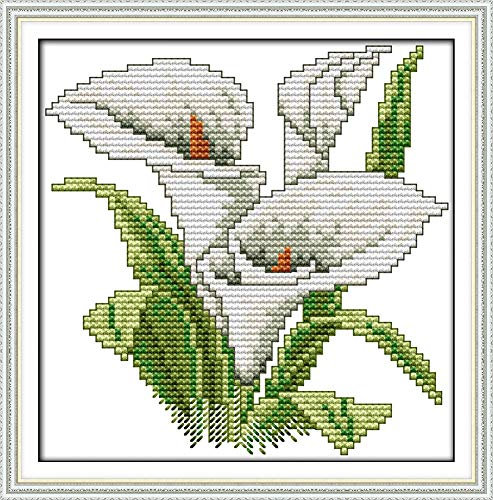YEESAM ART Kreuzstich-Set für Erwachsene, Anfänger, Kinder, Calla-Lilie, weiße Blumen, 11 Ct, 21 x 21 cm, Stickerei-Set mit einfachen, lustigen vorgedruckten Mustern, Nadelspitze, Weihnachten (weiß)