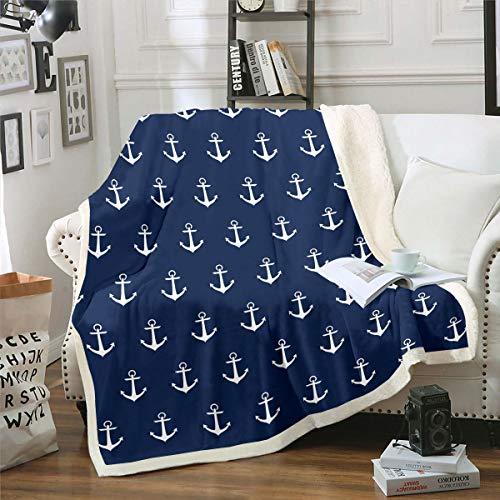 Ozeanische Plüschdecke mit Anker-Motiv, bedruckte Sherpa-Decke für Kinder und Erwachsene, Meeresabenteuer, Surfen, Fleece, weiche luxuriöse Decke Sofa, Bett, Couch, marineblau, Überwurf 127 x 152 cm