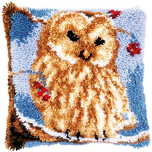 XUJINGJIE Knüpfkissen Knüpfset Für Kinder und Erwachsene zum Selber Knüpfen Eulen Kissenbezug DIY Knüpfen Kissen mit Bedrucktem Leinwandmuster, 43 X 43cm,B