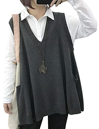 YESNO Women Loose Swing Chunky V-Neck Sweater Vests Oversized Knit Sleeveless Jumpers with Cute Drop Pockets M WM9UK Gray