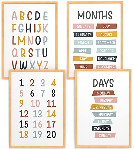 Papierschmiede® Kinderbilder 4er Set Lernposter Englisch, A4 gerahmt in Holzrahmen (Natur), Geschenk für Mädchen & Jungen Kinderzimmer, bunte Buchstaben Zahlen Wochentage Monate, ABC Days Months