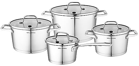 FLORINA Set di Pentole PROFESSIONAL I Set di 8 Pentole in Acciaio Inossidabile di Alta Qualità I Pentole con Coperchio in Vetro e Misurino I Adatto alla Lavastoviglie I Induzione, Gas, Elettrico