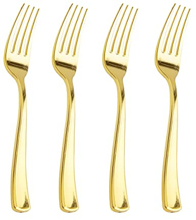 Liacere 200pcs Gold Plastic Forks - Heavyweight - 7.4 Inch Heavy Duty Forks - Gold Plastic Silverware Perfect For Parties & Weddings & Restaurants & New Year And Daily Using＆Thanksgiving＆Fall Party