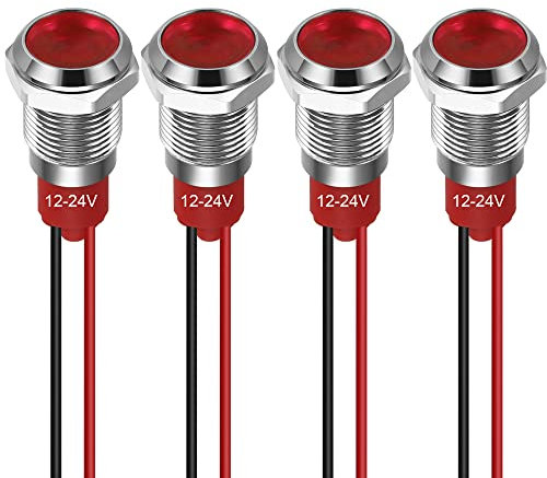 GUUZI 10 mm LED Anzeigeleuchte 12-24 V wasserdichte Signalleuchte Metallplatte LED Anzeige Signalleuchte Plattenmontage Flachkopf mit Drähten Silbergehäuse (Rot, 4 Stück)