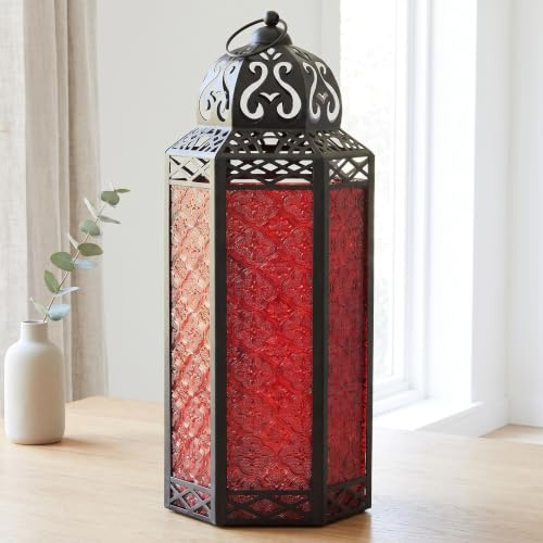 Black Metal Decorative Moroccan Lantern Candle Holder Lamp for Indoor or Outdoor Home Decor, Extra Large, Red