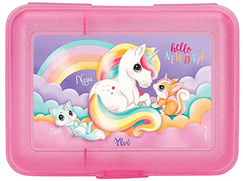 Depesche 12435 Ylvi - Glitzer Brotdose in transparentem Pink mit 1 Fach und einsetzbarer Trennkarte, Lunchbox mit Einhorn-Motiv