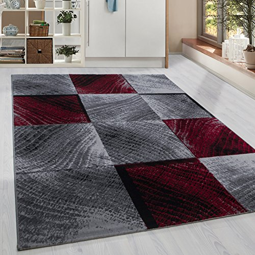 HomebyHome Teppich Wohnzimmer 240x340 cm Rot Moderne Kariert Design - Esszimmer und Schlafzimmer Teppich Kurzflor Teppich Extra Weich Pflegeleicht - Carpet Living Room