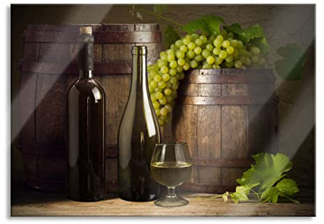 Pixxprint Glasbild, Wandbild aus Echtglas, Fässer mit Weintrauben und Wein, 80x60 cm, inkl. Aufhängung und Abstandshalter