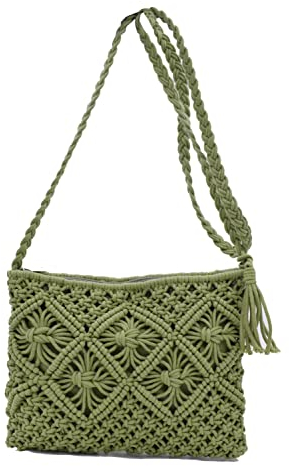TeeYee Damen Exotisch Geflochtene Umhängetasche Strandtasche Retro Handtasche mit Quaste für Freizeit Urlaub grün