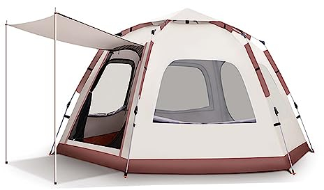 6-Personen Sechseck-/Viereck-Campingzelt, Doppeltüren und -Fenster, eingebautes Netzgitter, Sonnenschutz, Zeltgröße: 280 * 280 * 158 cm, beige (Hexagon)