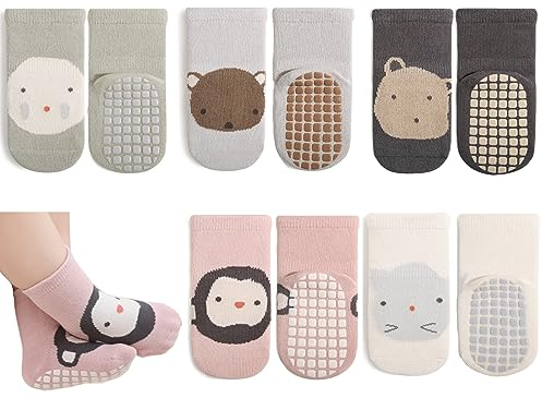 Exemaba Baby Antirutsch Socken 5 Paar Kleinkinder Tiermotive ABS Rutschfeste Sneaker Socken(Rosa Affe,M/1-3Y)