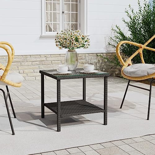 FIRBNUS Schwarzer Beistelltisch 45 x 45 x 45 cm Polyrattan und gehärtetes Glas Tisch Glas Couchtisch Couchtisch Gartentisch Outdoor Möbel