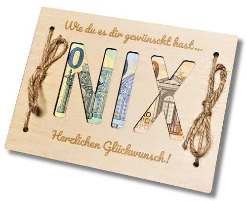 Geldgeschenk Nichts, NIX | Lustige Geschenke für Männer und Frauen | Geschenk für Geburtstag, Hochzeit, Reise| Für alle die Sich Nichts wünschen | Geldgeschenk Verpackung aus Holz (NIX)