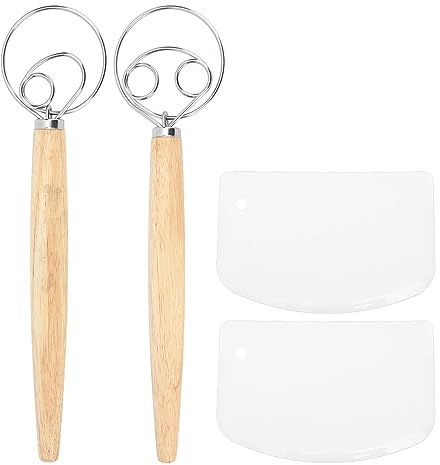 Batidor de Masa Danés, Herramienta Agitadora de Harina, Raspador de Madera de Goma, Mango, Herramienta de Raspado de Estilo Holandés, Batidores (Batidores de 1 ojo y 2 ojos y un