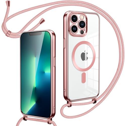 Oelrstfe Cover Trasparente con Cordino per iPhone 13 Pro con Magnetico, Custodia Sottile Morbido Silicone con Laccio Collana Tracolla Regolabile Antiurto Case con Collana per iPhone 13 Pro - Rose-Gold