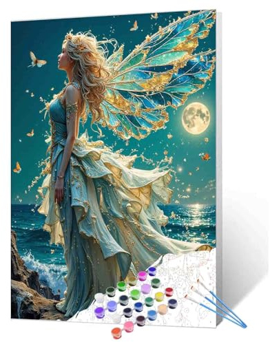 Tucocoo Sea Goddess Paint by Numbers Kits 16x20inch Canvas, DIY Oil Painting for Adults with Brushes and Acrylic Pigment, Abstract Fairies Ocean Moonlight Picture for Home Decor Gifts (Without Frame)
