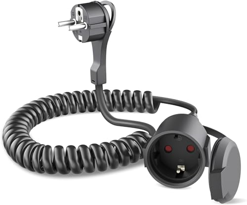 Cavo di prolunga a spirale, 8 m, cavo a spirale estensibile, con contatto di protezione, cavo a spirale, estensibile da 8 m Max, spina a contatto di protezione, IP20, nero