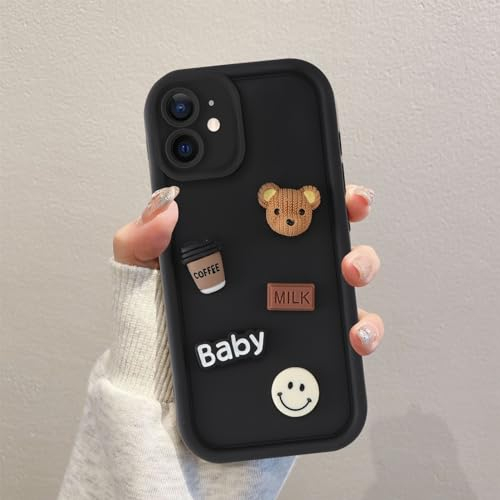Coalbooliy Custodia per iPhone 11 6,1'', Cellulare Nero Silicone Morbido Cover per telefono Aesthetic Modello Orsetto di peluche 3D Disegni Protezione Fotocamera Antiurto Case, 02