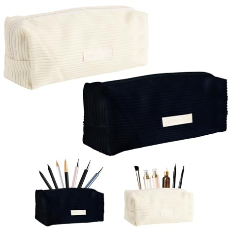 INQUIRLLY 2 Stück Mäppchen Cord Stoff Groß Kapazität Schulmäppchen Federmäppchen Mädchen Teenager Federmäppchen Stiftetasche Student Stiftemappe Pencil Case Schulmäppchen für Schule(Schwarz/Weiß)
